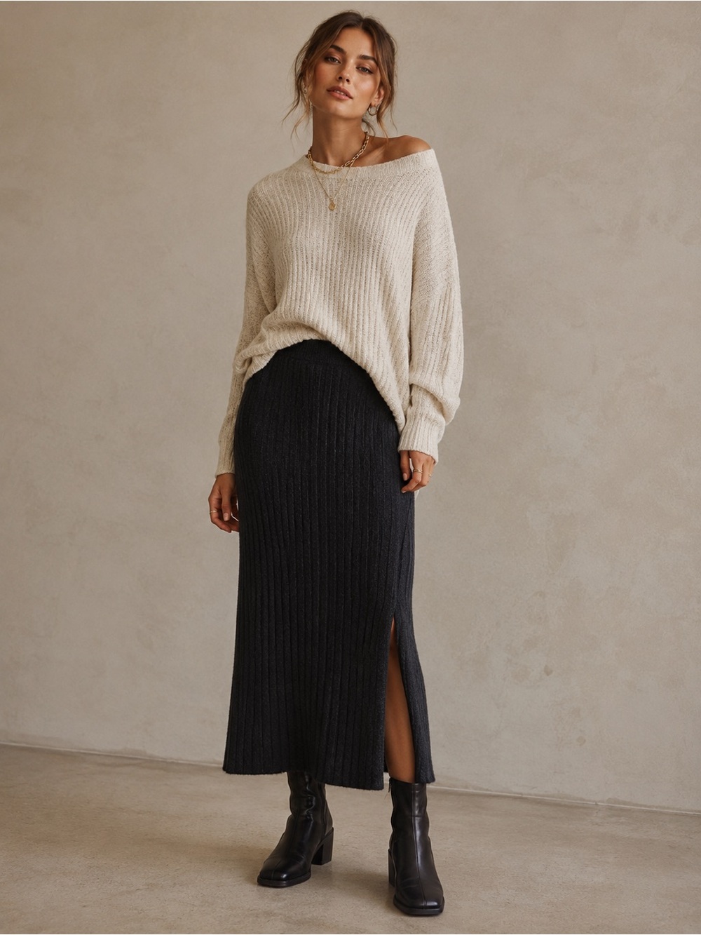 Aerie Black Ribbed Knit Midi Skirt Side Slit High Rise Sweater Skirt Womens L